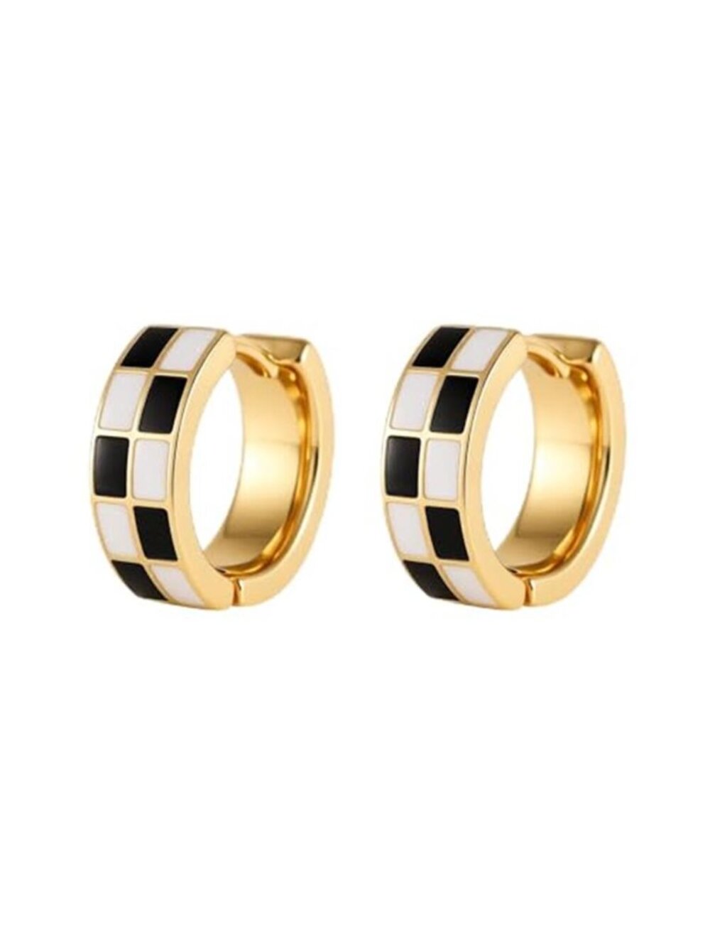 Black White Checkered Enamel Hoop Earrings Gold Tone Huggie Cartilage